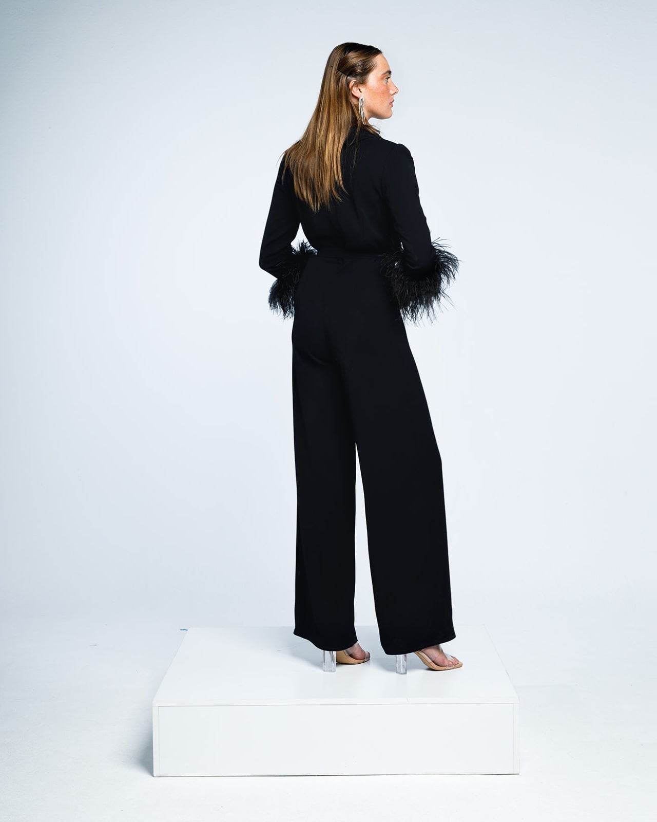BELTED EMBELLISHED FEATHER- TRIMMED CREPE JUMPSUIT - MOONMAINS EGY