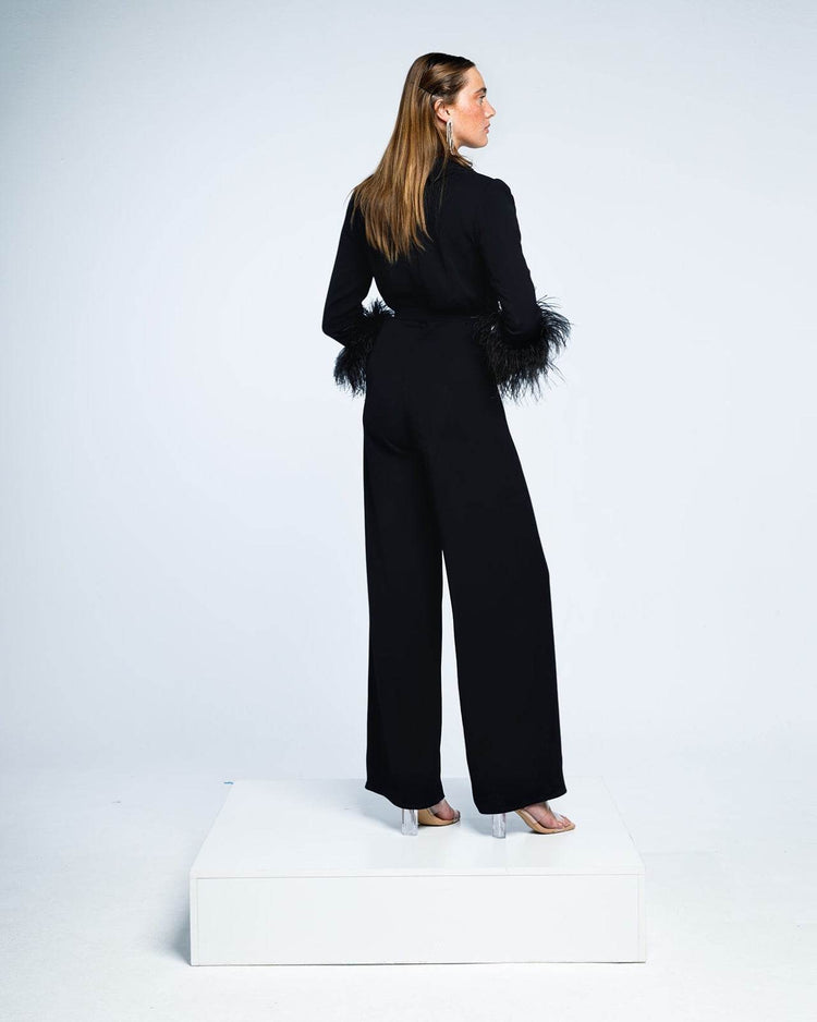 BELTED EMBELLISHED FEATHER- TRIMMED CREPE JUMPSUIT - MOONMAINS EGY