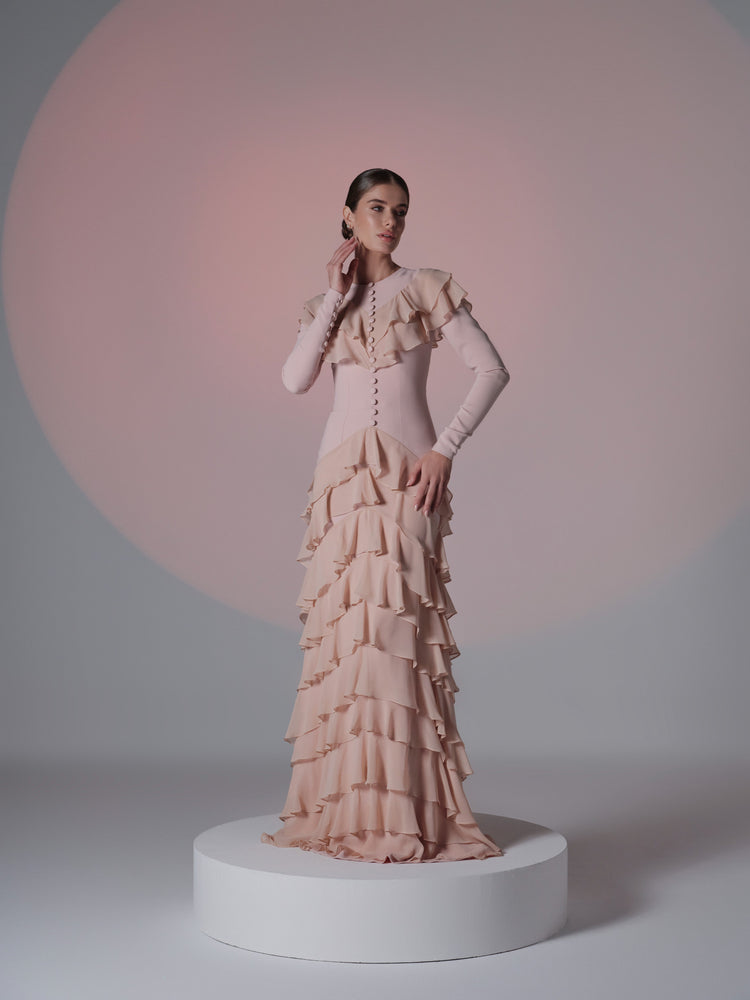 pink ruffle sleeve dress