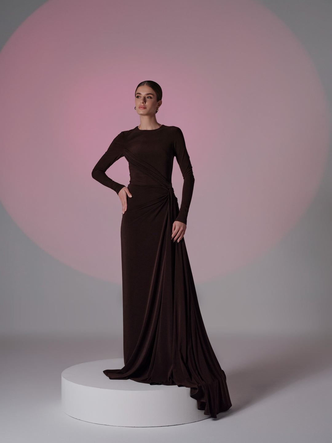 brown long dress with sleeves