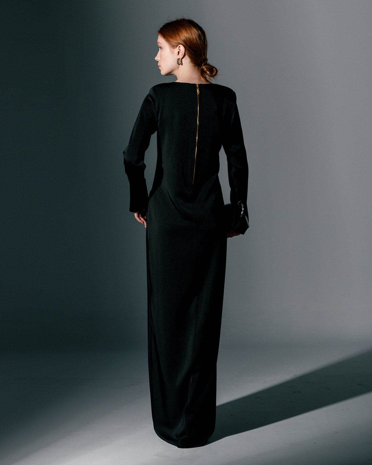 SALIA , BLACK GOWN DRESS WITH GOLDEN ZIPPER - MOONMAINS EGY