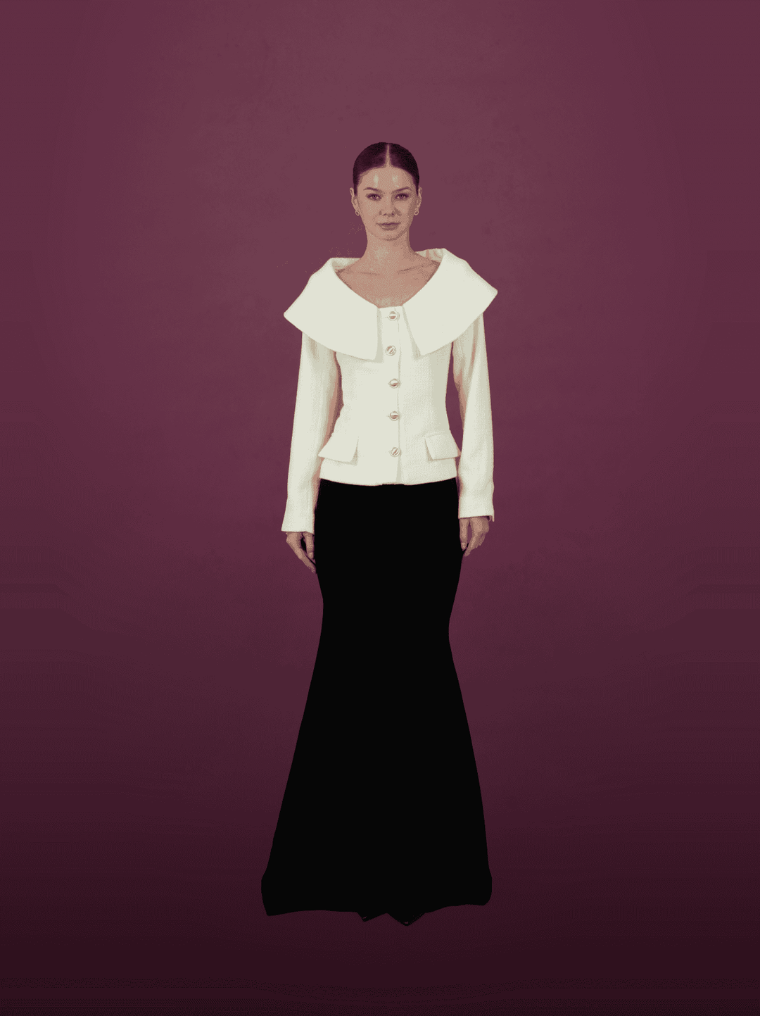 Ivory Oversized Collar Jacket with Black Mermaid Skirt - MOONMAINS EGY