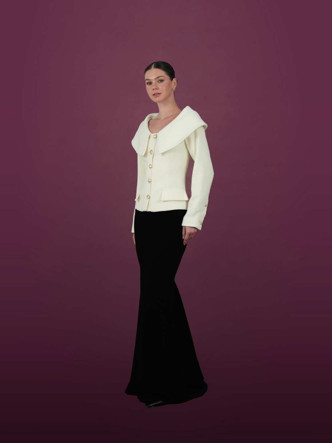 Ivory Oversized Collar Jacket with Black Mermaid Skirt set