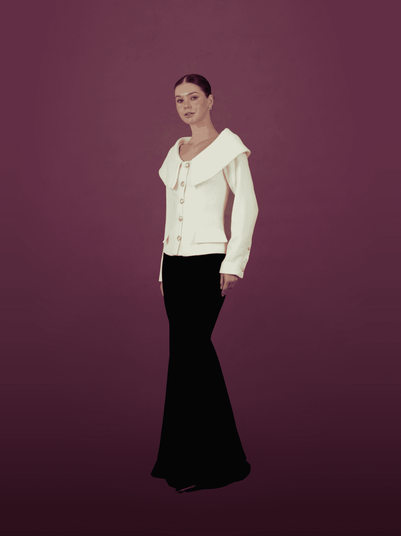 Ivory Oversized Collar Jacket with Black Mermaid Skirt - MOONMAINS EGY