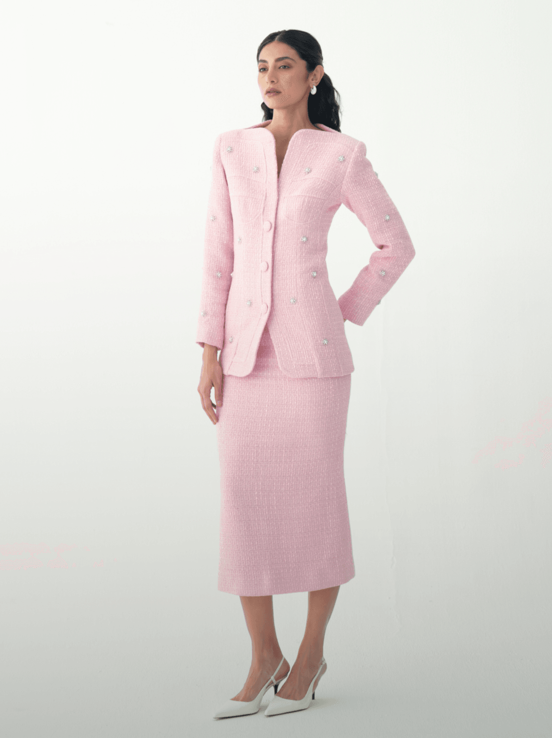 pink tweed dress suit Zapaka Women Pink Work Dress Sheath Tweed 2-piece Midi Long Sleeve Semi Formal Dress, Pink / S