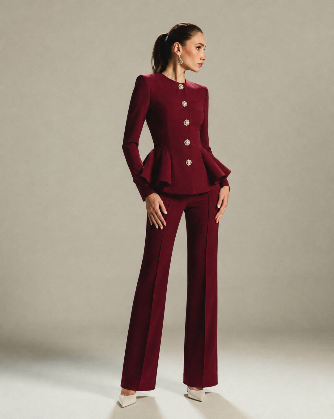 PEARL BUTTON PEPLUM SUIT