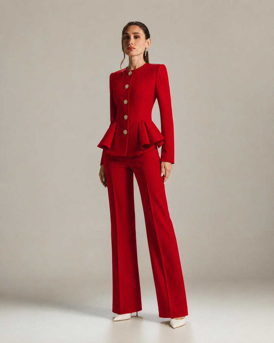 PEARL BUTTON PEPLUM SUIT